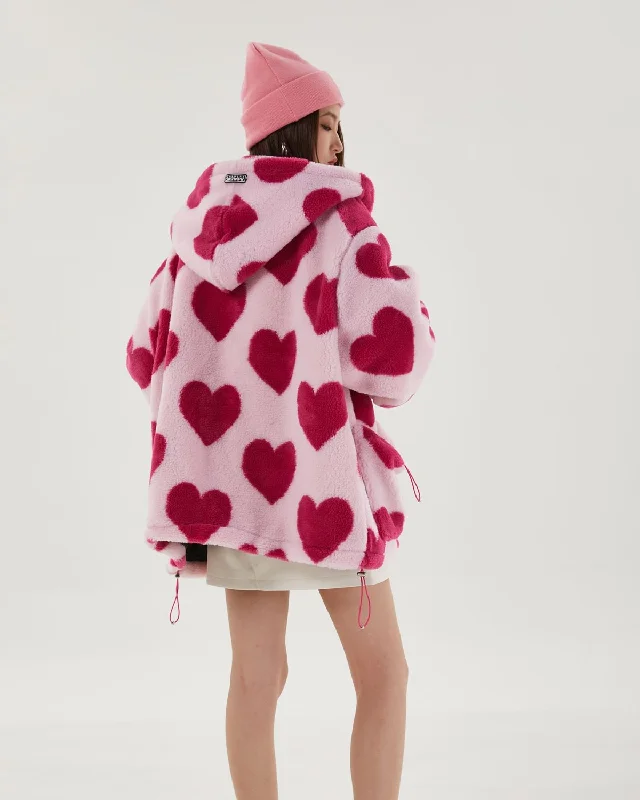 Women’s rain-resistant jackets for outdoor wear -Pink Heart Pattern Hooded Jacket