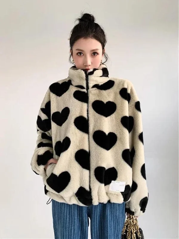 Women’s oversized blazers for chic fashion -Heart Pattern Teddy Jacket