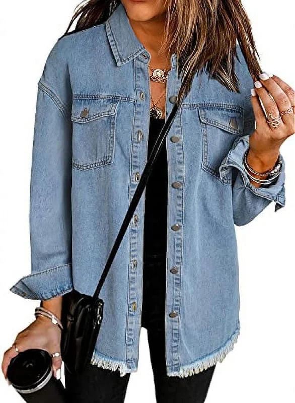 Women’s plaid wool jackets for autumn style -Denim Jacket for Women Long Sleeve Boyfriend Jean Jacket Loose Coat Sky Blue S Female