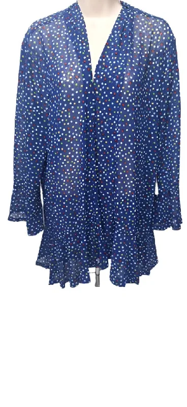 Women’s wool-blend trench coats for fall fashion -Jacket-Sheer-Open Front-Blue-Polka Dot-3/4 Sleeve-Women's-M24101jm/w