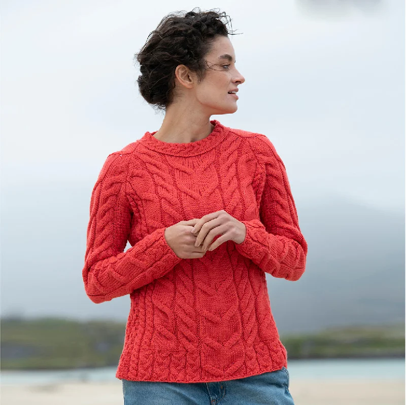 Women’s mock neck tops for chic warmth -Red Merino Wool Crew Neck Irish Jumper