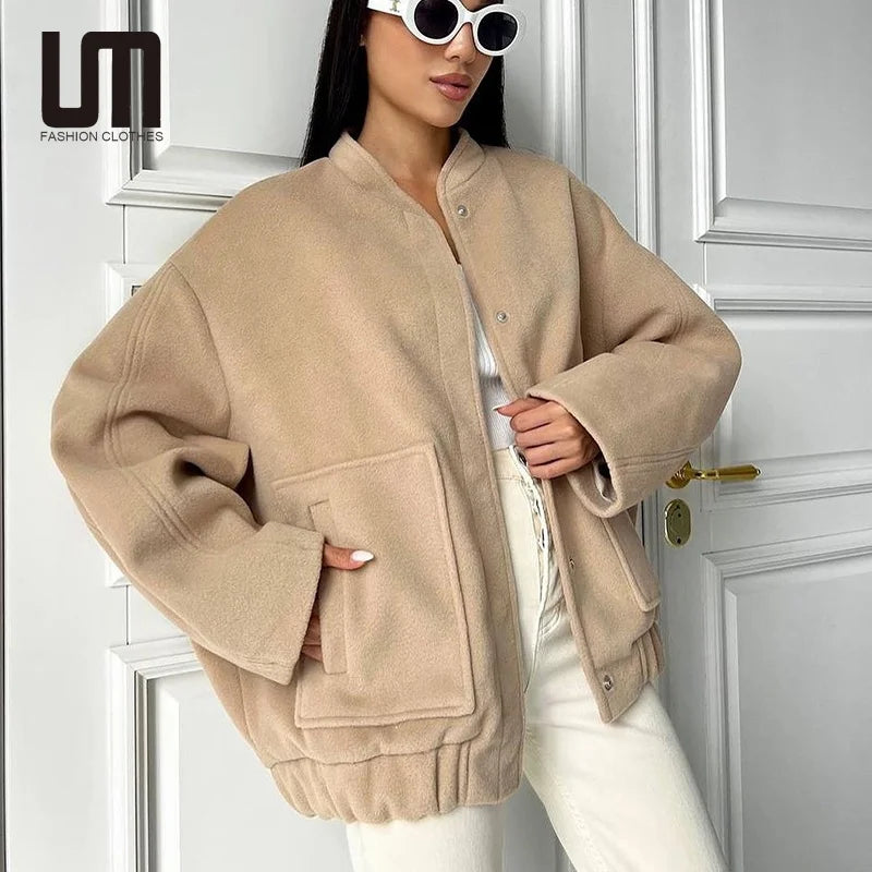 Women’s puffed jackets for insulating warmth -Liu Ming New Arrival 2024 Fashion Autumn Women Casual Long Sleeve Outerwear Solid Color Loose Female Jackets Coats