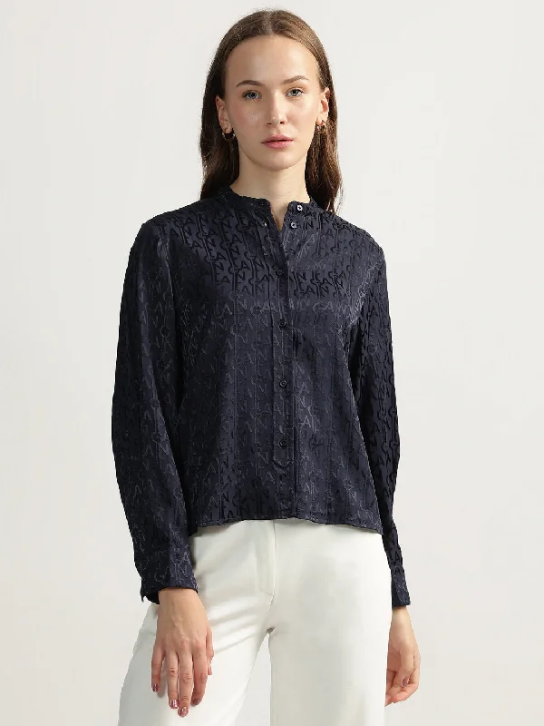 Women’s crew neck tops for simple elegance -Gant Women Blue Printed Band Collar Full Sleeves Shirt