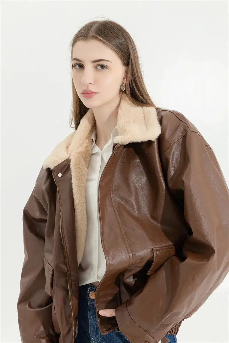 Women’s hiking jackets for outdoor adventures -Double-Faced Faux Leather & Fur Jacket