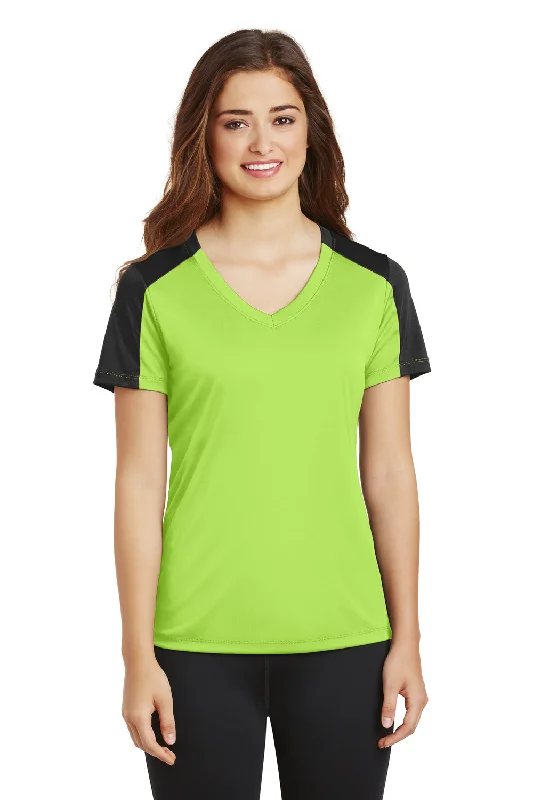 Women’s embroidered tops for detailed design -Sport-Tek Womens Competitor Moisture Wicking Short Sleeve V-Neck T-Shirt - Lime Shock Green/Black - Closeout