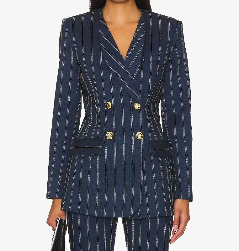 Women’s high-collar jackets for extra coverage -Collarless Double Breasted Blazer In Indigo Stripe