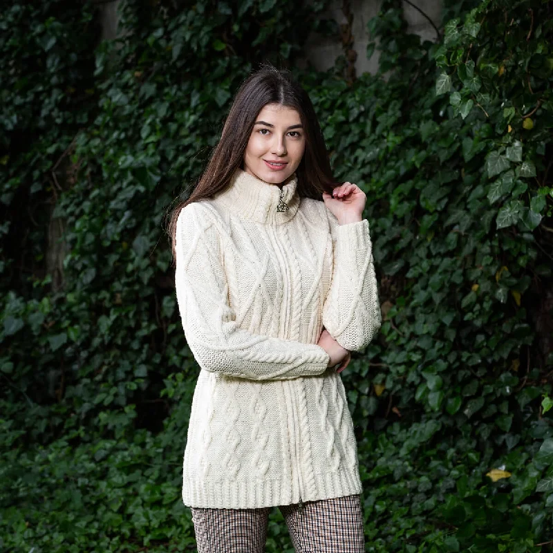 Women’s split-neck tops for modern twist -Ladies Merino Knit Irish Zip Aran Cardigan