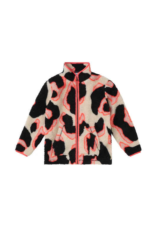 Women’s faux fur jackets for luxury feel -Kids Cream with Coral and Black Mega Shadow Leopard Button Through Fleece Jacket