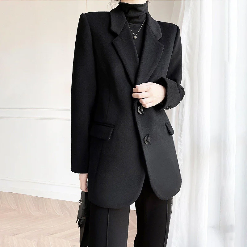 Women’s fitted jackets for flattering silhouette -Black Single Breasted Wool Blend Blazer