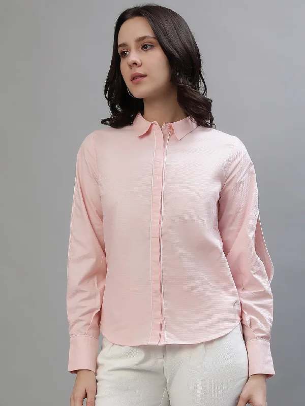 Women’s sweatshirt tops for casual outfits -Iconic Women Pink Solid Spread Collar Full Sleeves Shirt