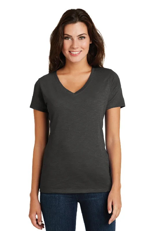 Women’s peplum tops for flattering shape -District Womens Super Slub Short Sleeve V-Neck T-Shirt - Charcoal Grey - Closeout