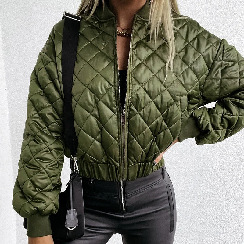 Women’s military-style jackets for rugged appeal -Winter coat womens bubble coat custom Diamond quilted cotton lining streetwear women cropped puffer jacket