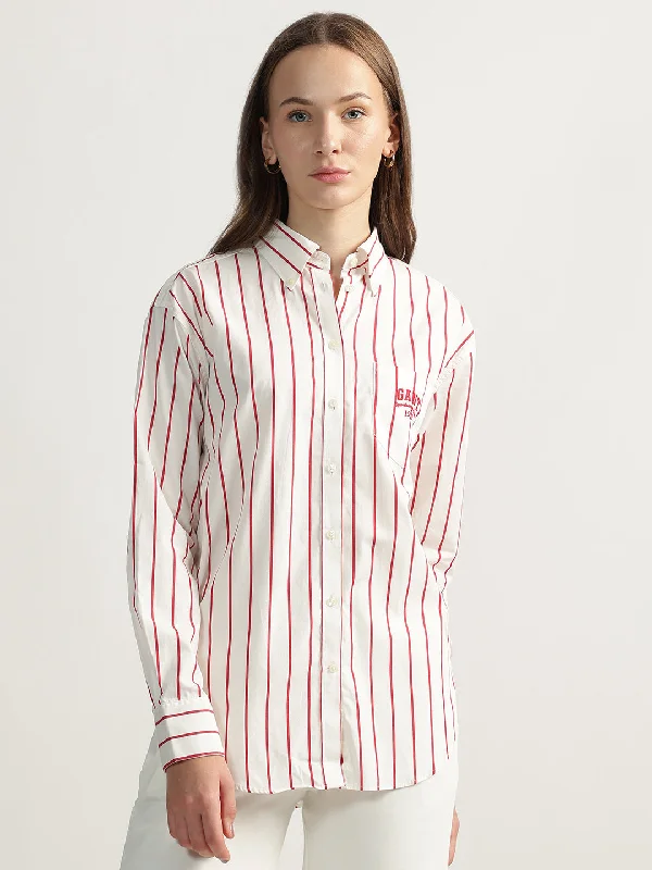 Women’s plaid button-downs for trendy casual style -Gant Women Red Striped Spread Collar Full Sleeves Shirt