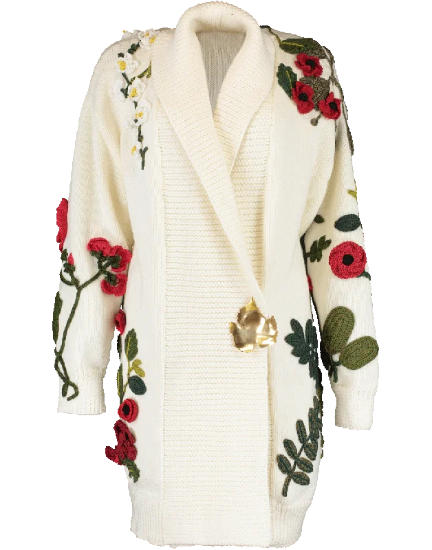 Women’s wrap-around coats for elegant appeal -Floral Embroidered Knit Coat With Brooch