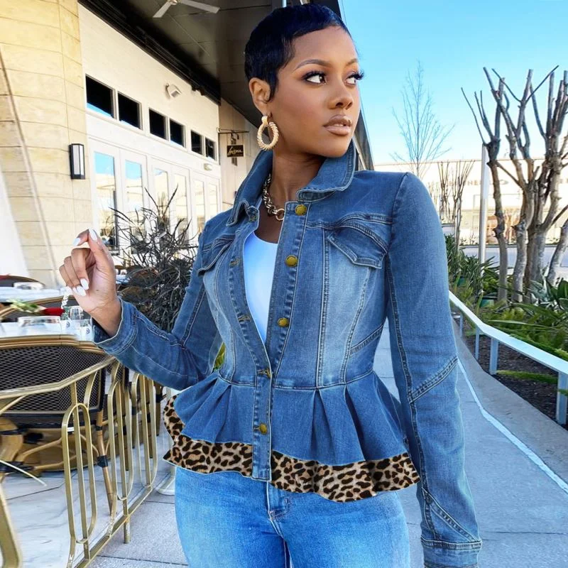 Women’s padded jackets for cozy fit -Fall Winter 2022 Womens Coats Custom Leopard Print Denim Jacket Stand Collar Long Sleeve Ruffle Jacket Jeans