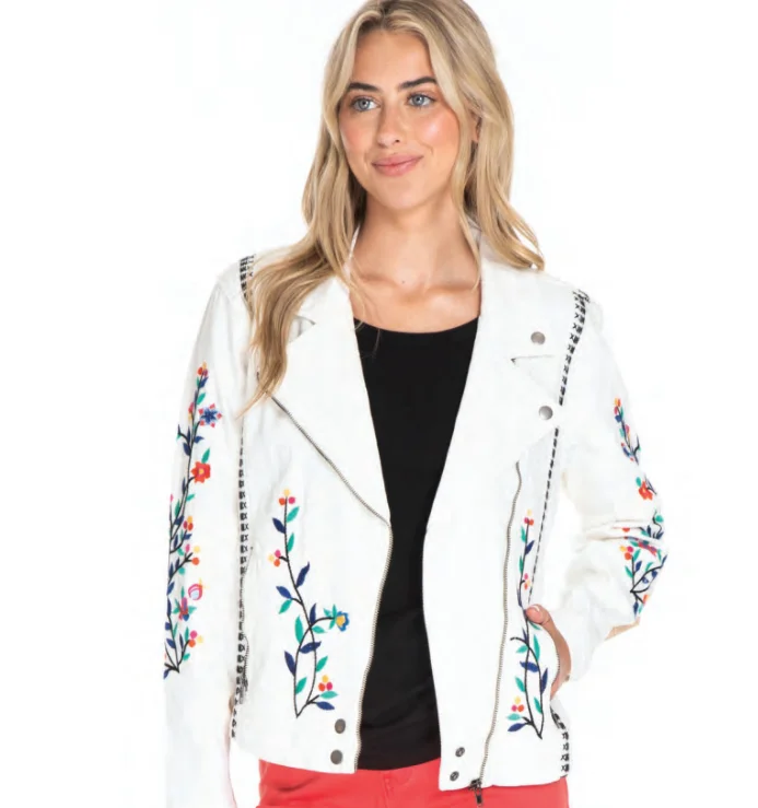 Women’s athletic jackets for sportswear look -Jacket- Women's-White Embroidered Zipper Front-T14296JM