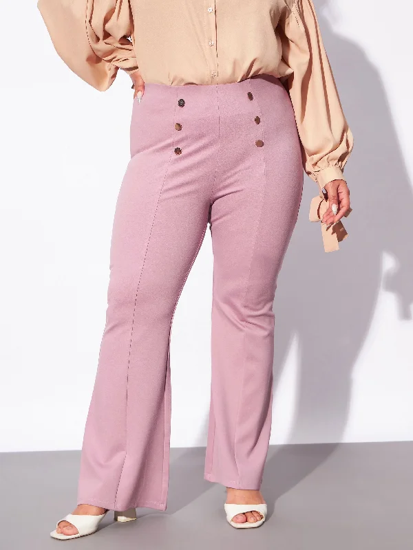 Women’s flowy dresses for breezy comfort -Women’s paperbag pants for trendy look -Women Pale Pink Mock Button Detail Bell Bottom Trousers