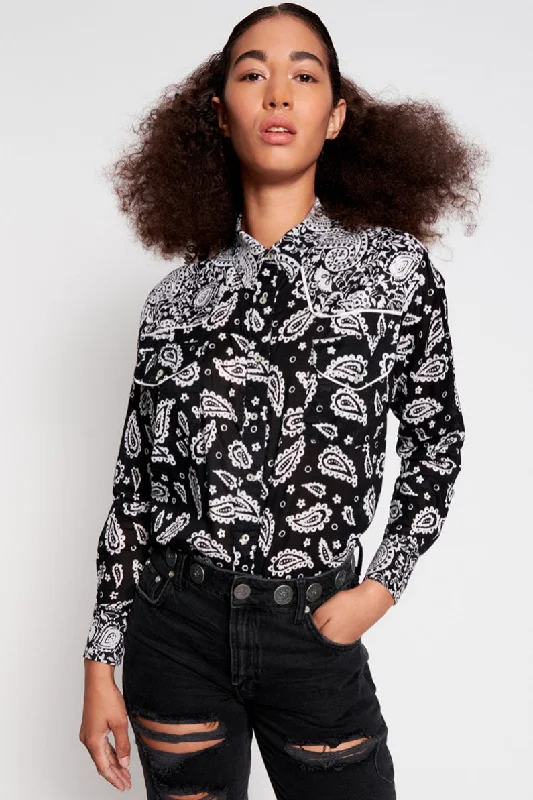 Women’s textured knit tops for stylish comfort -OneTeaspoon WOMENS HAND BATIK PAISLEY WESTERN SHIRT - BLACK PAISLEY