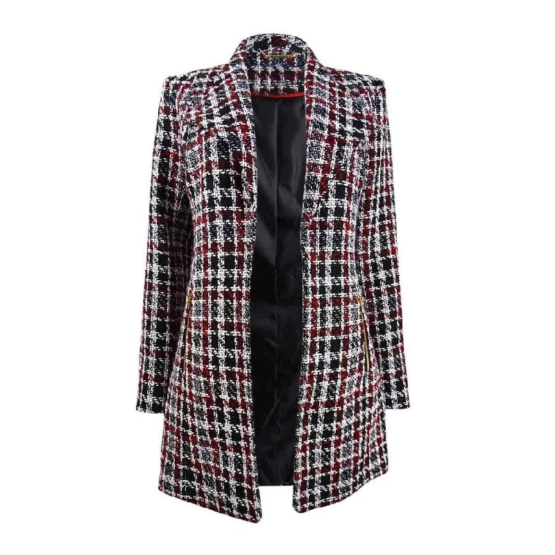 Women’s chic jackets for stylish outfits -Calvin Klein Women's Tweed Plaid Topper Jacket (10, Red/Black)