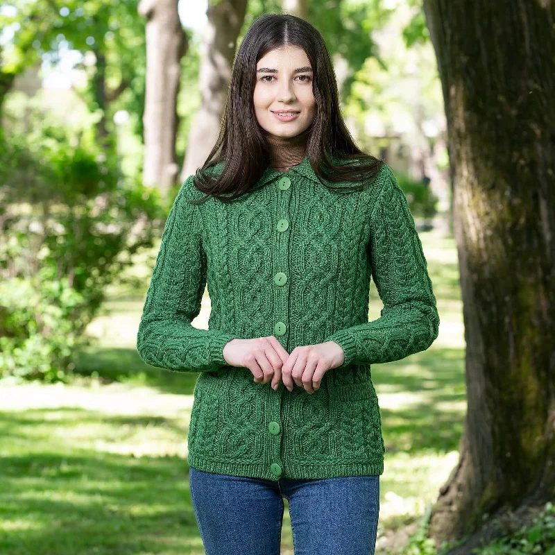 Women’s tulle tops for whimsical flair -Ladies Button Green Irish Aran Cardigan