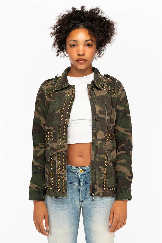 Women’s cropped jackets for trendy fashion -WOMENS STUDDED JACKET IN CAMO GREEN