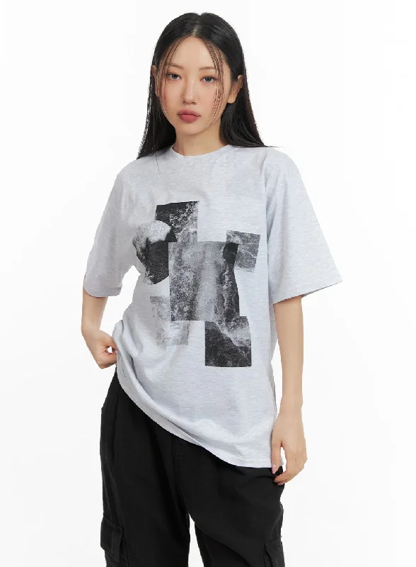 Women’s cropped shirts for relaxed look -Oversized Cotton Graphic Tee CM419