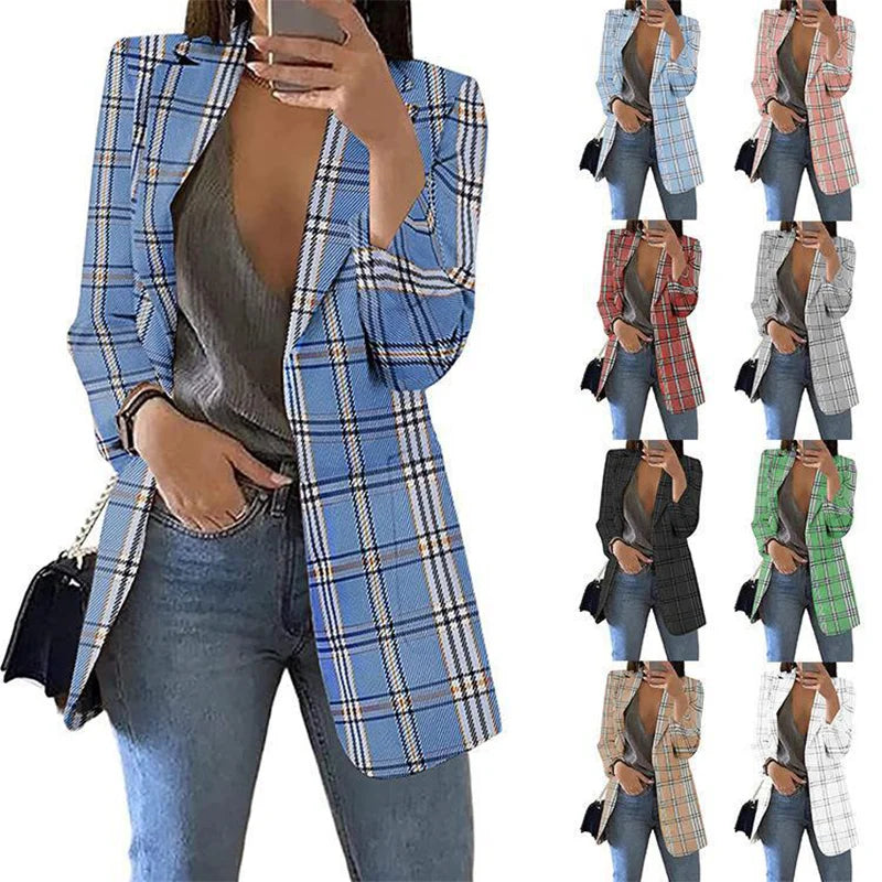 Women’s zippered jackets for easy wear -Autumn/Winter Fashion Women's Cardigan Collar Plaid Slim Fit Suit Coat