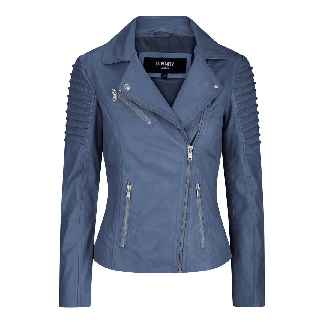 Women’s high-collar jackets for extra coverage -Women's Leather Blue Biker Jacket