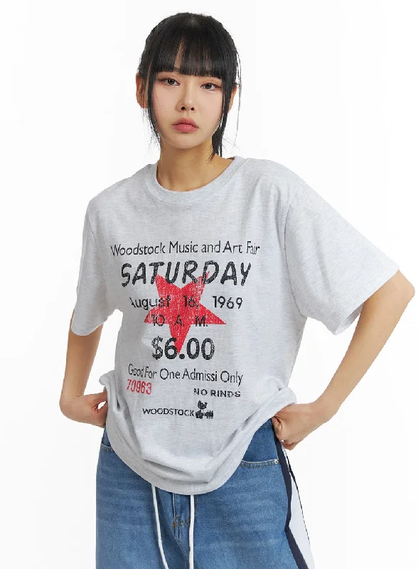 Women’s one-shoulder tops for trendy look -Graphic Lettering Oversized Tee CM407