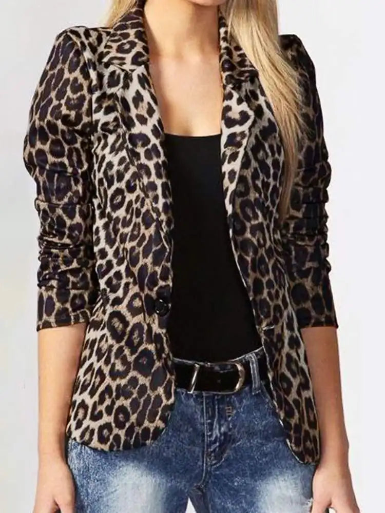 Women’s casual puffers for everyday warmth -Oversized Button Up Outwears Women OL Blazer Fashion Ladies Office Suits Leopard Lapel Coats