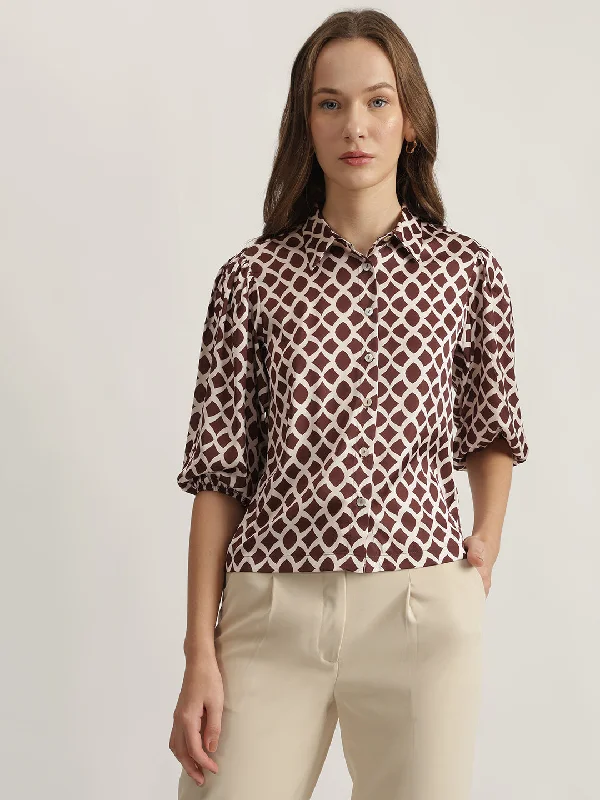 Women’s high-neck tops for sophisticated style -Centre Stage Women Brown Printed Spread Collar Short Sleeves Shirt