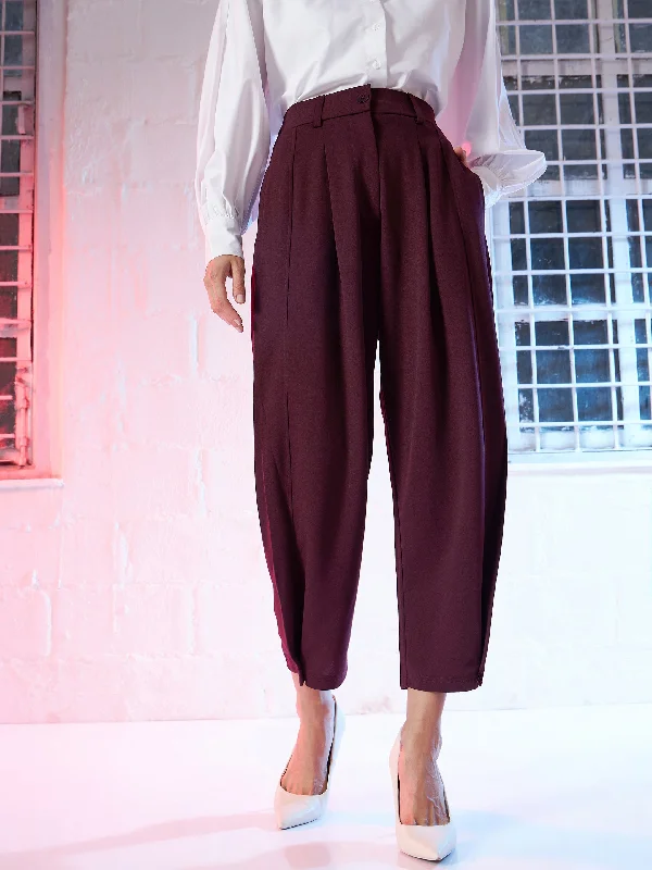 Women’s boho chic dresses for relaxed vibes -Women’s white pants for fresh style -Women Burgundy Button Hem Darted Balloon Pants