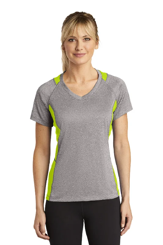 Women’s animal print tops for bold style -Sport-Tek Womens Contender Heather Moisture Wicking Short Sleeve V-Neck T-Shirt - Heather Vintage Grey/Lime Shock Green