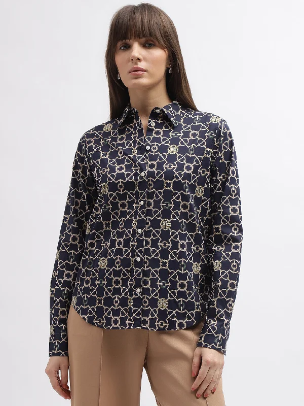 Women’s oversized t-shirts for relaxed fashion -Gant Women Navy Blue Printed Spread Collar Full Sleeves Shirt