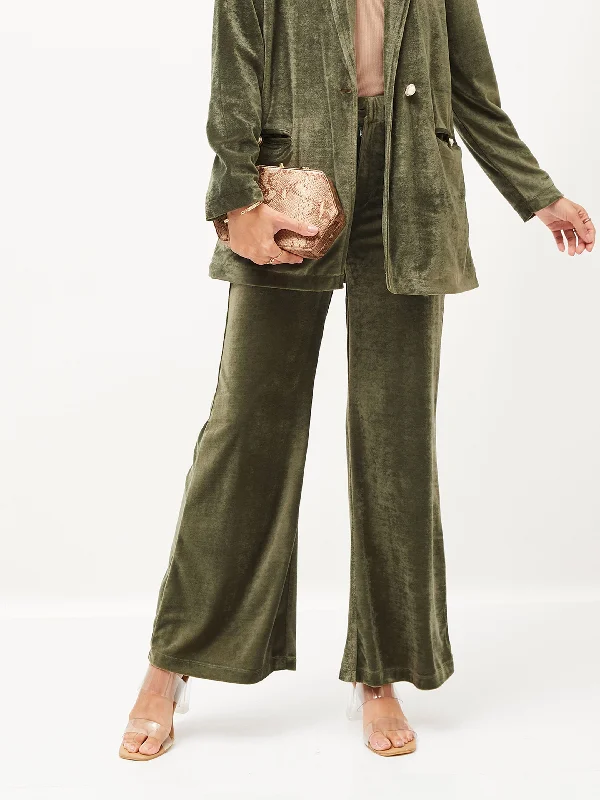 Women’s printed maxi dresses for bold style -Women’s dress pants for professional attire -Women Olive Velvet Bell Bottom Pants