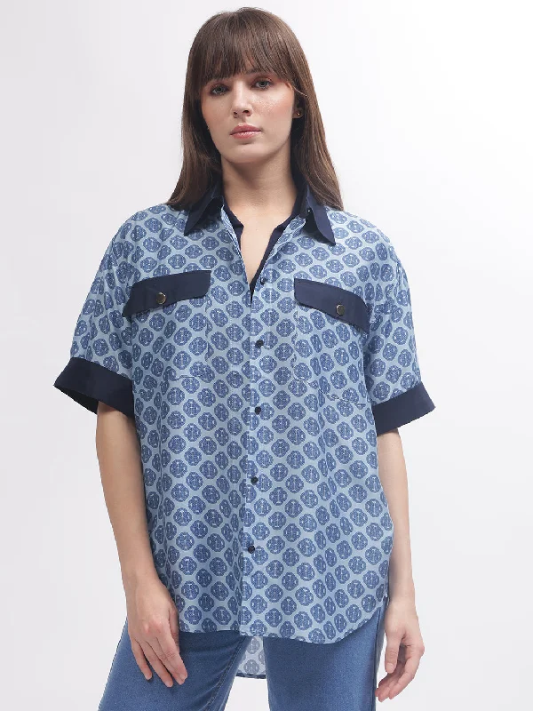 Women’s casual tunic tops for easy style -Gant Women Blue Printed Short Sleeves Shirt