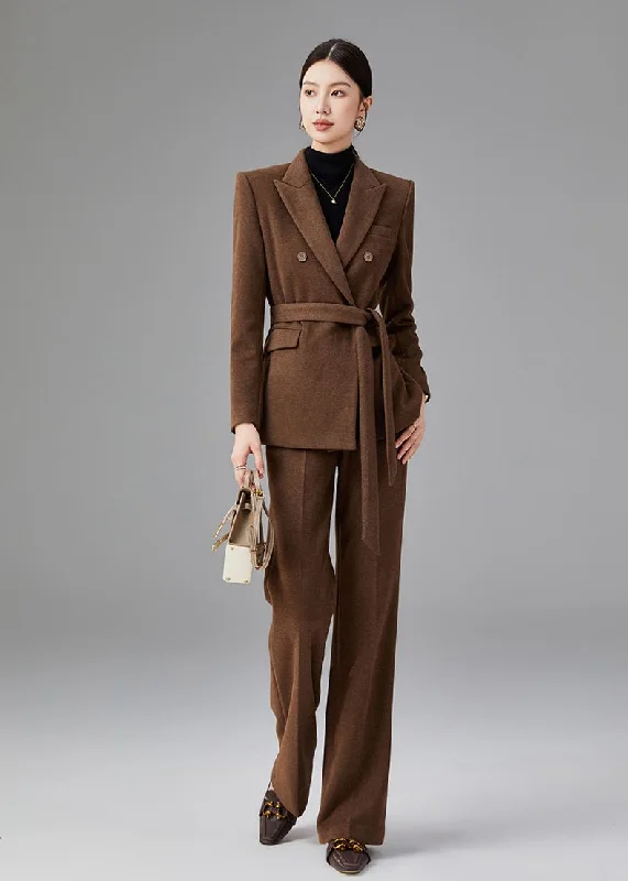 Women’s cape jackets for dramatic style -Brown Double Breasted Blazer Pants Suit