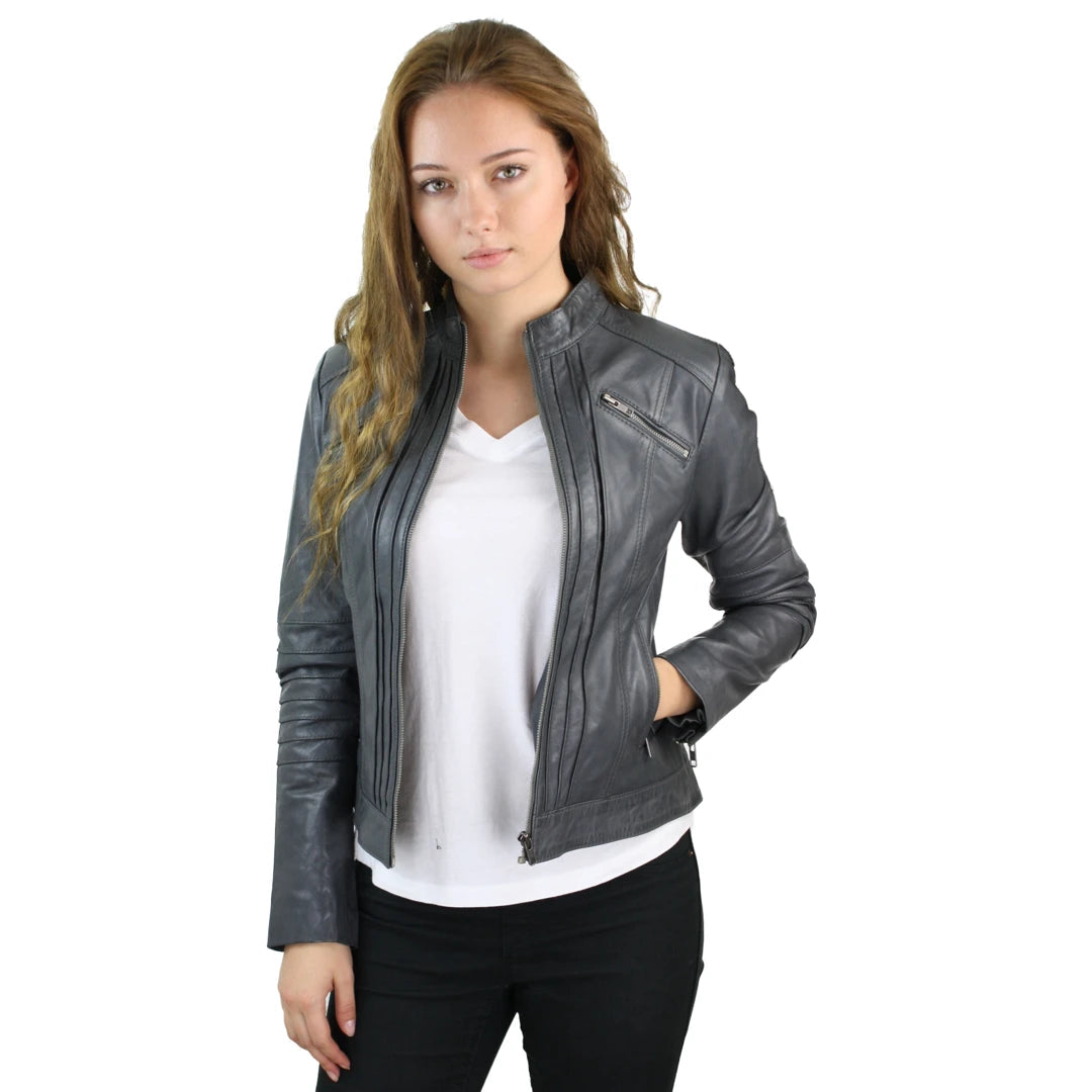 Women’s fleece zip-up jackets for outdoor wear -Women's Biker Jacket Leather Zipped Fit Nehru Collar