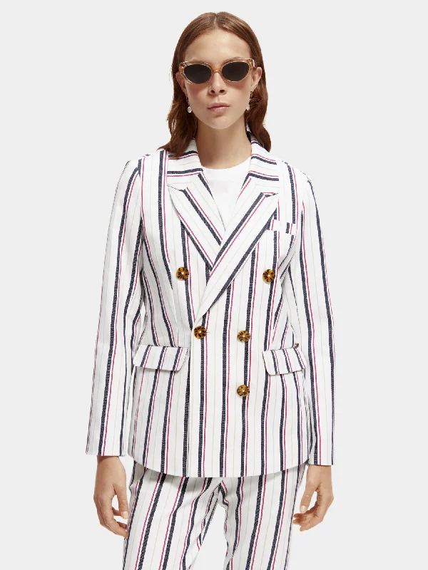 Women’s zippered jackets for easy wear -Double-breasted striped blazer