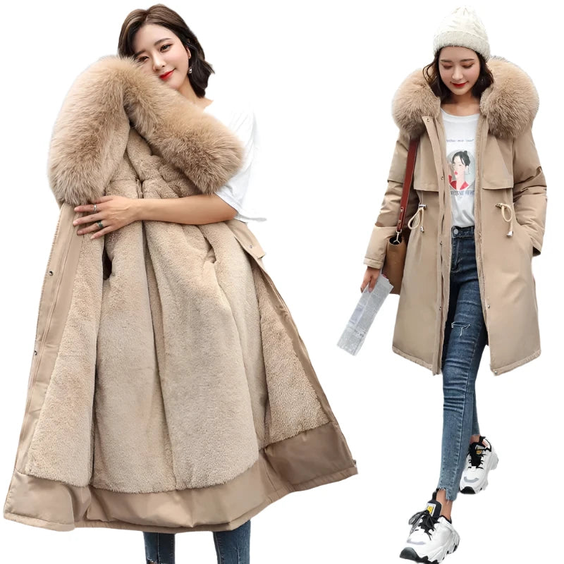 Women’s plaid wool jackets for autumn style -Women Parka Clothes Long Coat Wool Liner Hooded Jacket Fur Collar Thick Warm Snow Wear Fashion Parka