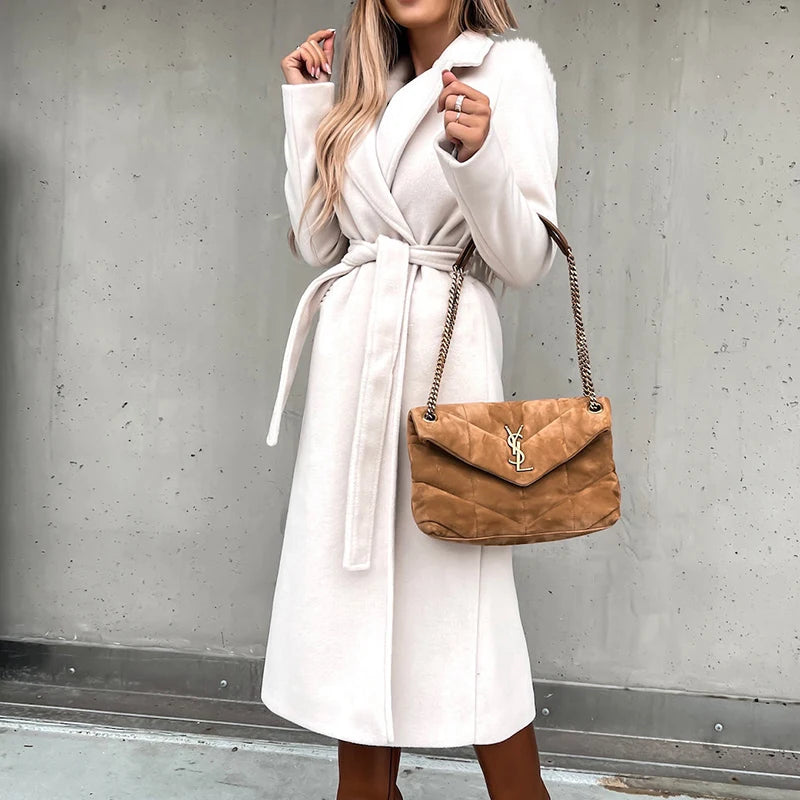 Women’s wrap-around coats for elegant appeal -Warm Long Women Woolen Coat with Belt Casual Elegant Solid Color Female Windbreakers Overcoat