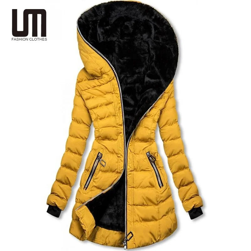 Women’s trench coats for rainy weather -Liu Ming Winter 2024 New Fashion Women Thick Warm Long Thick Slim Overcoat Ladies Hooded Parka Jacket Coats