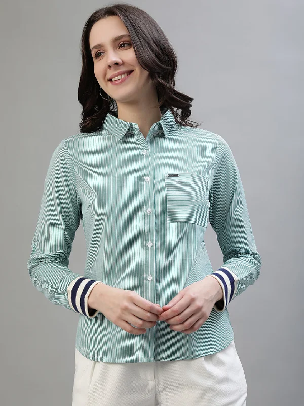 Women’s embroidered tops for detailed design -Iconic Women Green Striped Spread Collar Full Sleeves Shirt