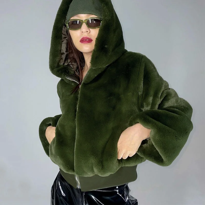 Women’s shearling jackets for cozy warmth -New Winter Fashion Velvet Coats Casual Womens Long Sleeve Zipper  Coats Women Army Green Womens Hooded Coats