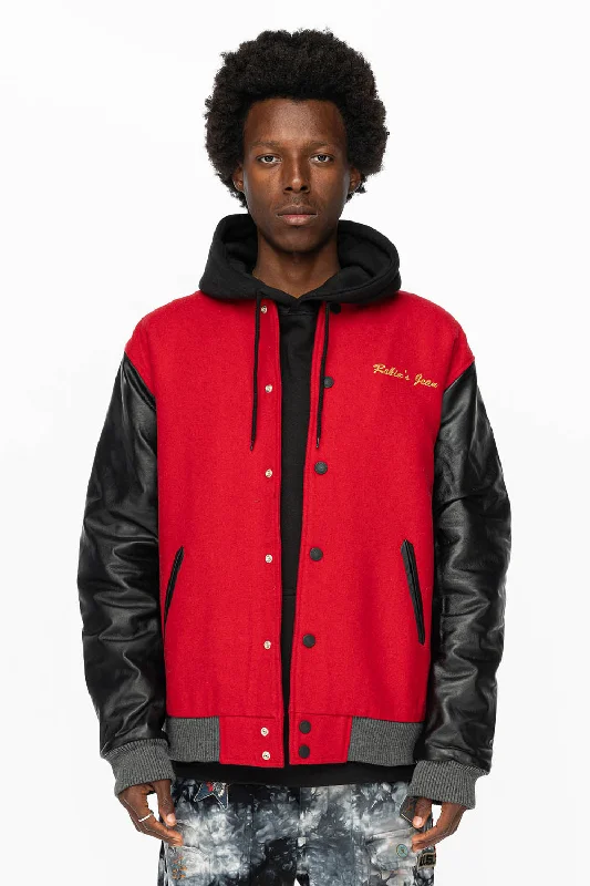 Women’s winter jackets for cold weather -ROBIN’S WOOL & LEATHER VARSITY BOMBER JACKET IN RED/BLACK