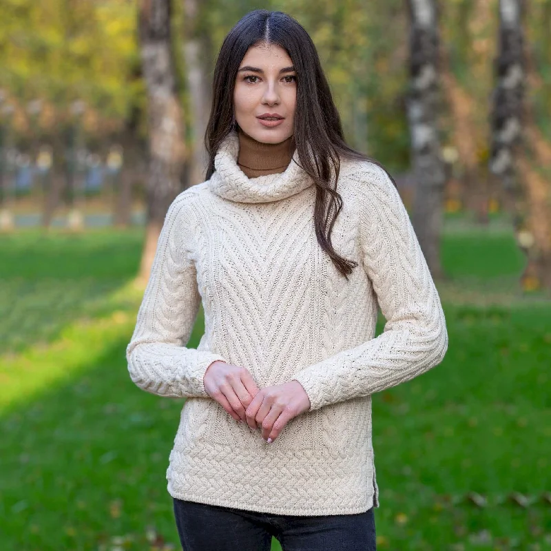 Women’s batwing sleeve tops for relaxed fit -Ladies Irish Aran Turtleneck Sweater