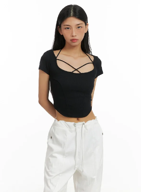 Women’s bell sleeve tops for dramatic look -X Strap Solid Crop Tee CA424