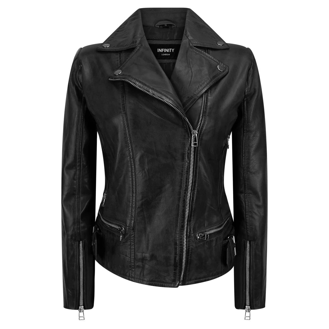 Women’s fleece-lined jackets for warmth and comfort -Women's Leather Black Biker Jacket