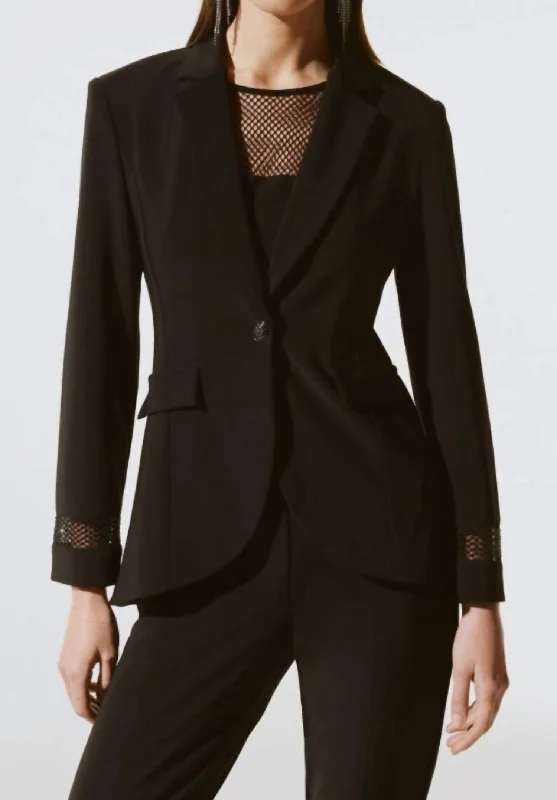 Women’s fleece-lined jackets for warmth and comfort -Embellished Mesh Insert Blazer In Black