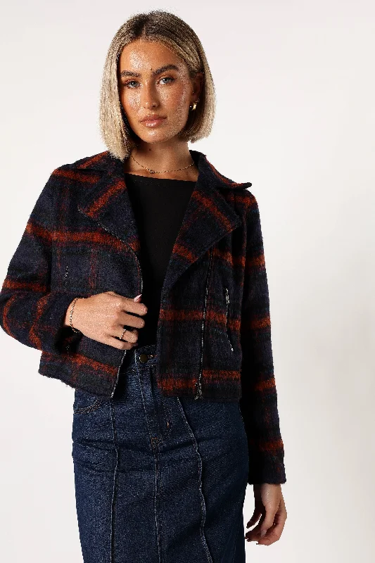 Women’s faux fur trimmed jackets for cozy luxury -Logan Plaid Jacket - Navy/Teal